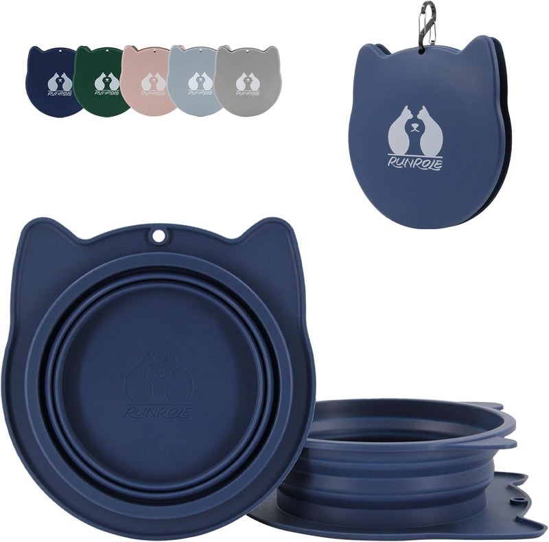 RUNROLE 2-in-1 Collapsible Silicone Dog Travel Bowls, Slot Together and Use Separately, Portable Pet Food Water Bowls, Foldable Cat Feeding Watering Dishes, 20OZ+27OZ(Navy Blue) - Image 1